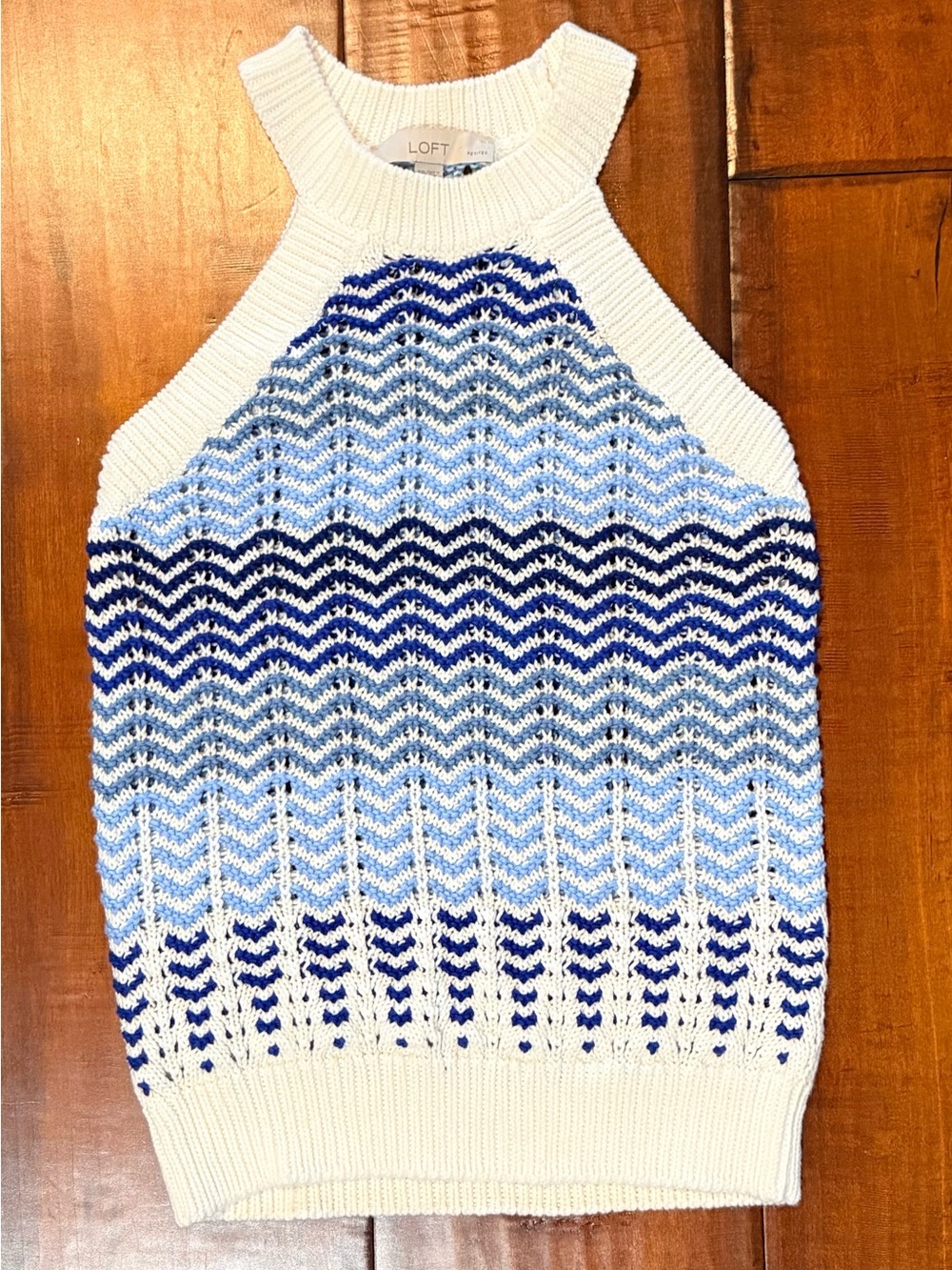 LOFT White with Light Blue & Navy Chevron Halter Knit Sweater